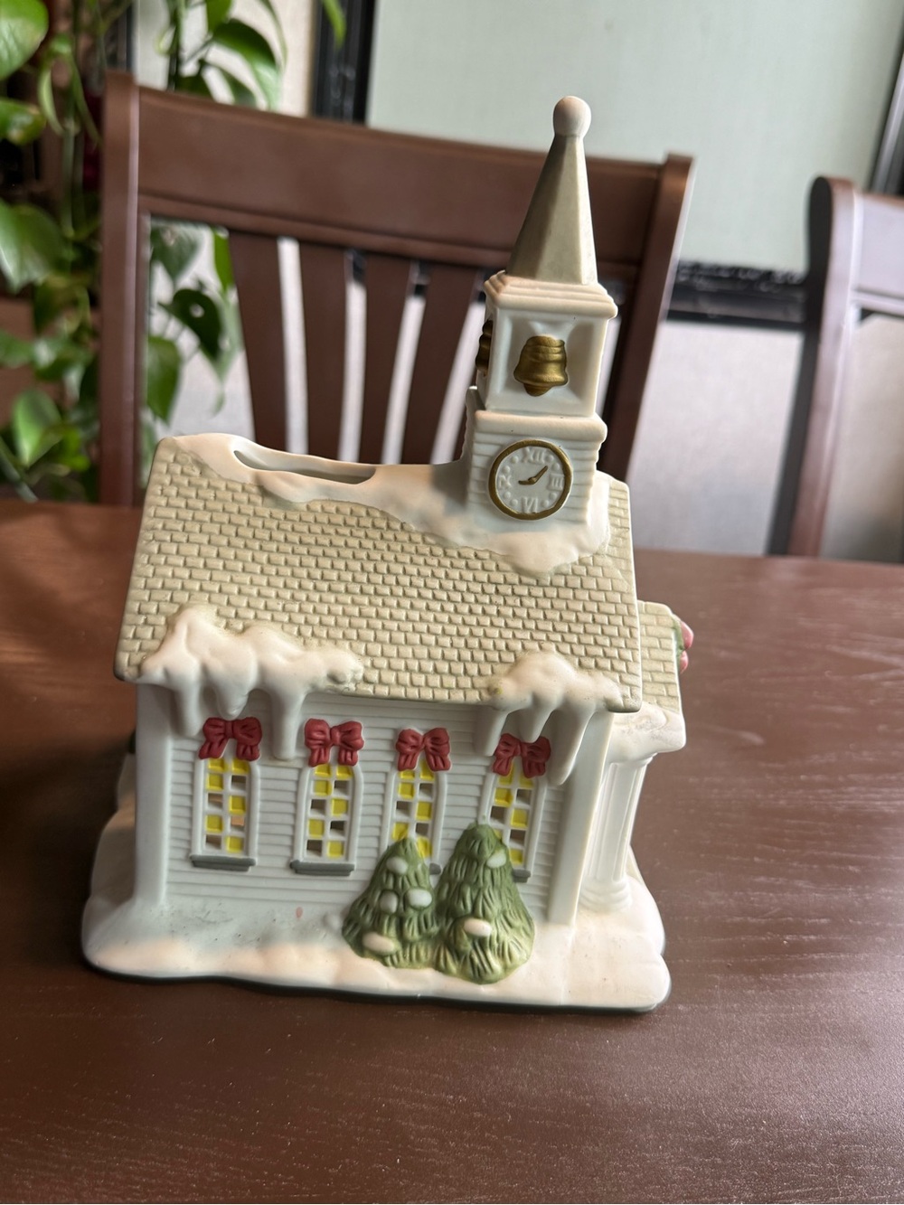 Vintage Partylite Ceramic Village Church Tealight Candle Holder W Clock & Bells